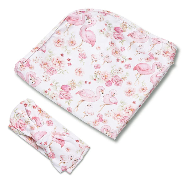 SNUGGLE HUNNY Organic Jersey Wrap & Topknot set | Flamingos
