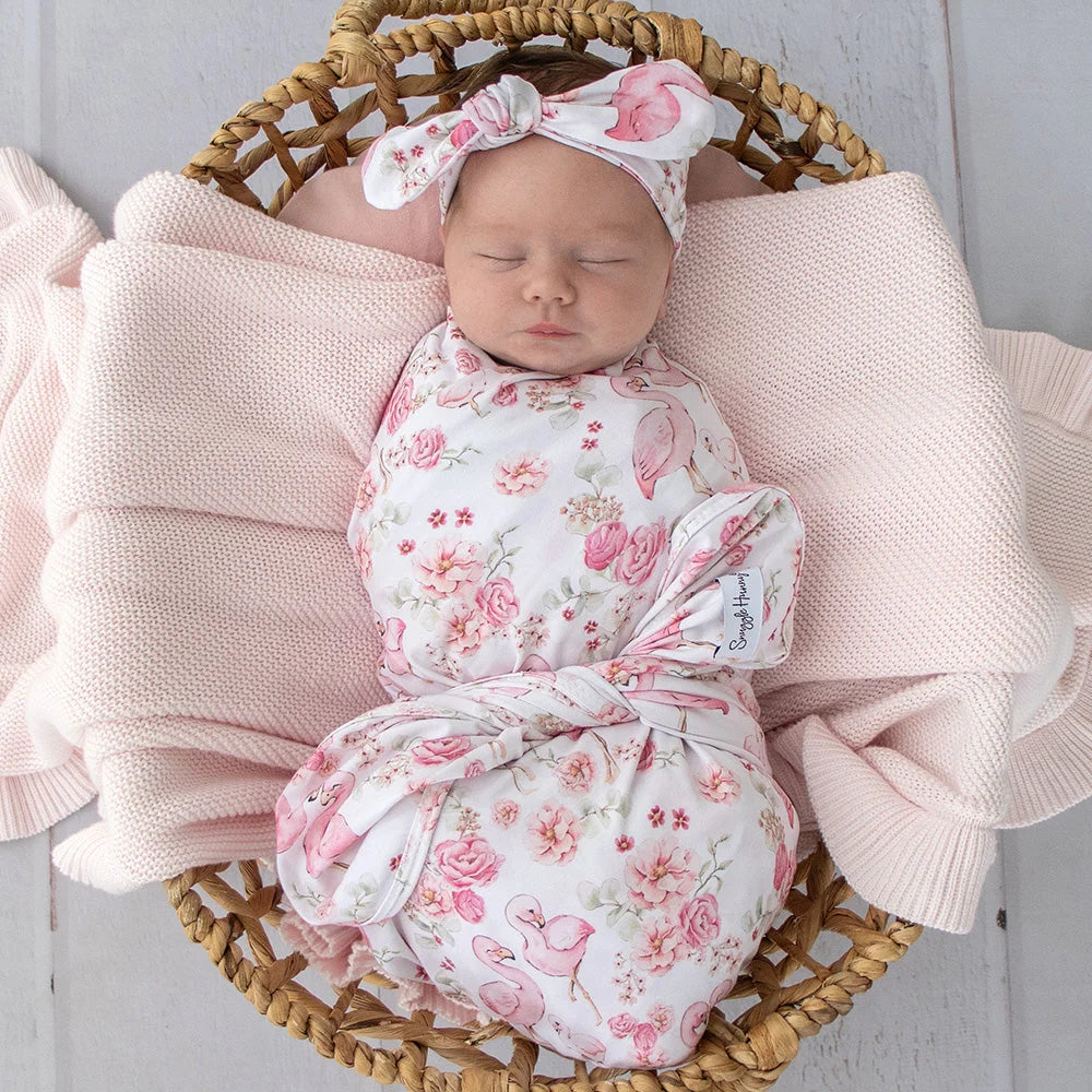SNUGGLE HUNNY Organic Jersey Wrap & Topknot set | Flamingos