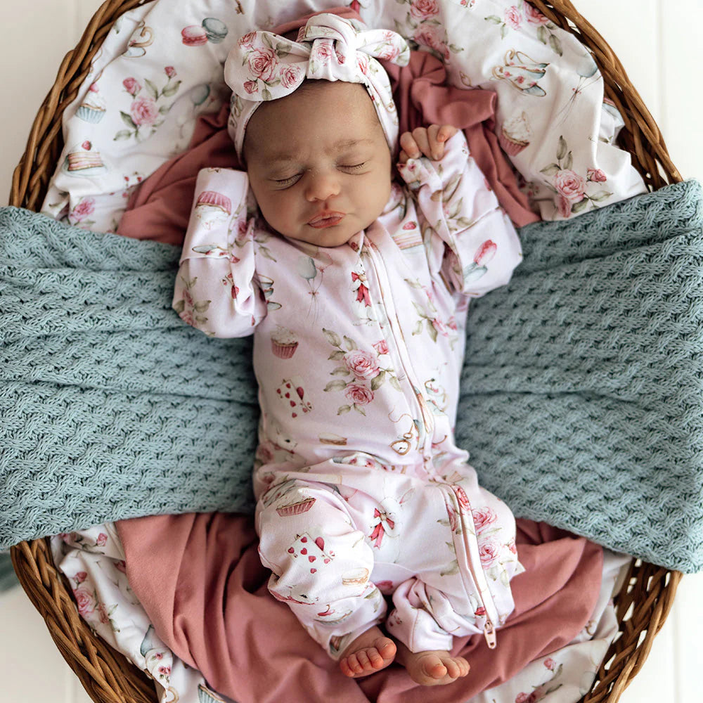 SNUGGLE HUNNY Organic Snugglesuit Convertible Romper with Frill - Alice's Tea Party front lifestyle
