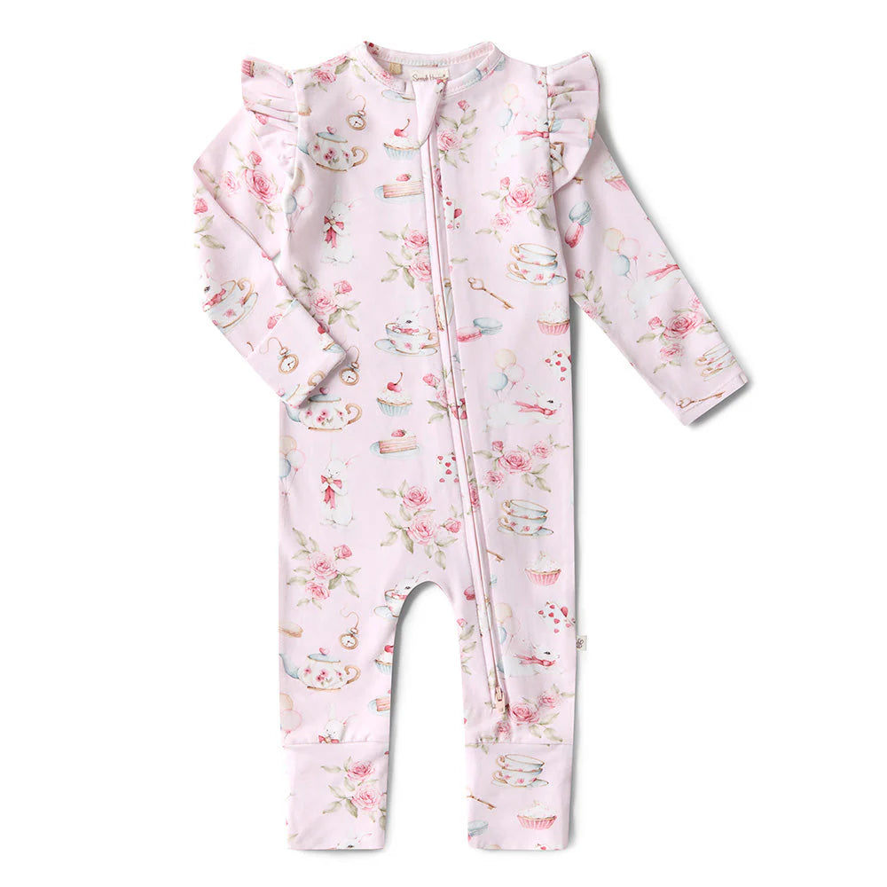 SNUGGLE HUNNY Organic Snugglesuit Convertible Romper with Frill - Alice's Tea Party front