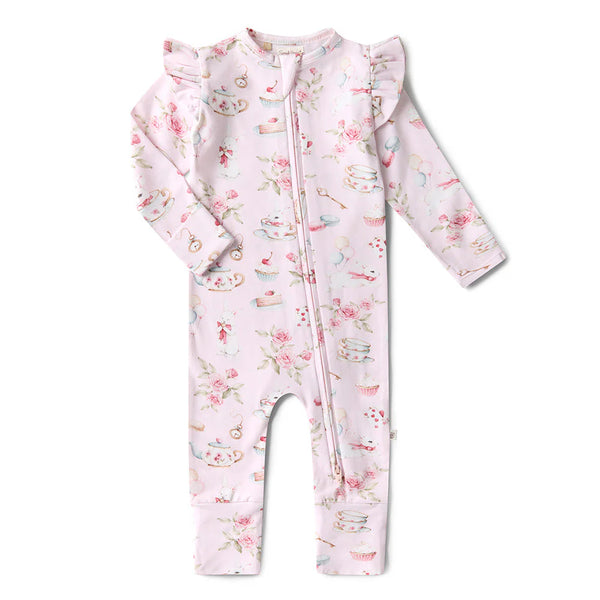 SNUGGLE HUNNY Organic Snugglesuit Convertible Romper with Frill - Alice's Tea Party front