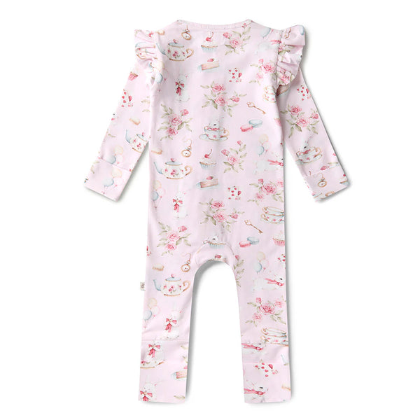 SNUGGLE HUNNY Organic Snugglesuit Convertible Romper with Frill - Alice's Tea Party front back