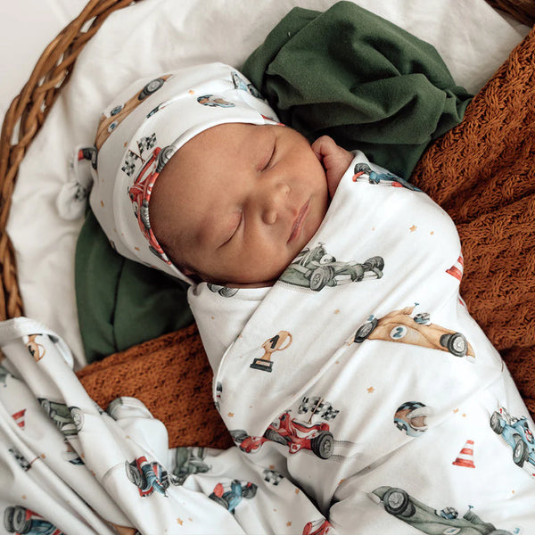 SNUGGLE HUNNY Organic Jersey Wrap & Beanie set - Little Racers