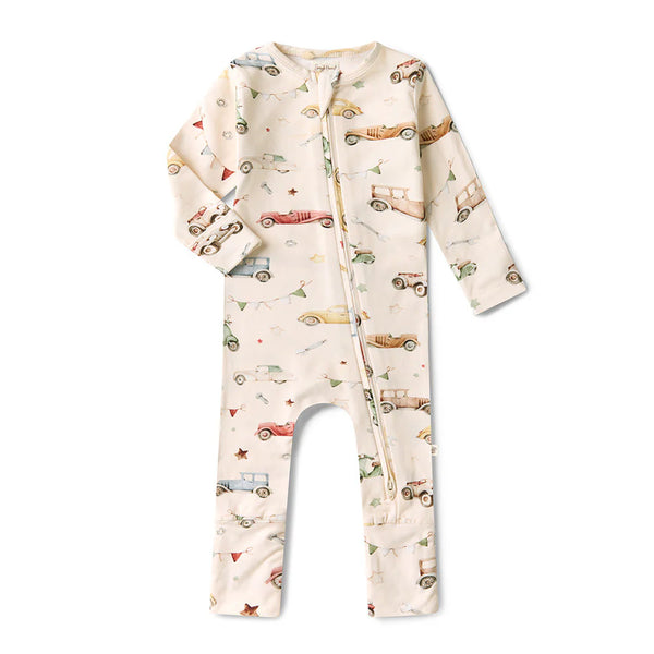 SNUGGLE HUNNY Organic Snugglesuit Convertible Romper - Vintage Cars front