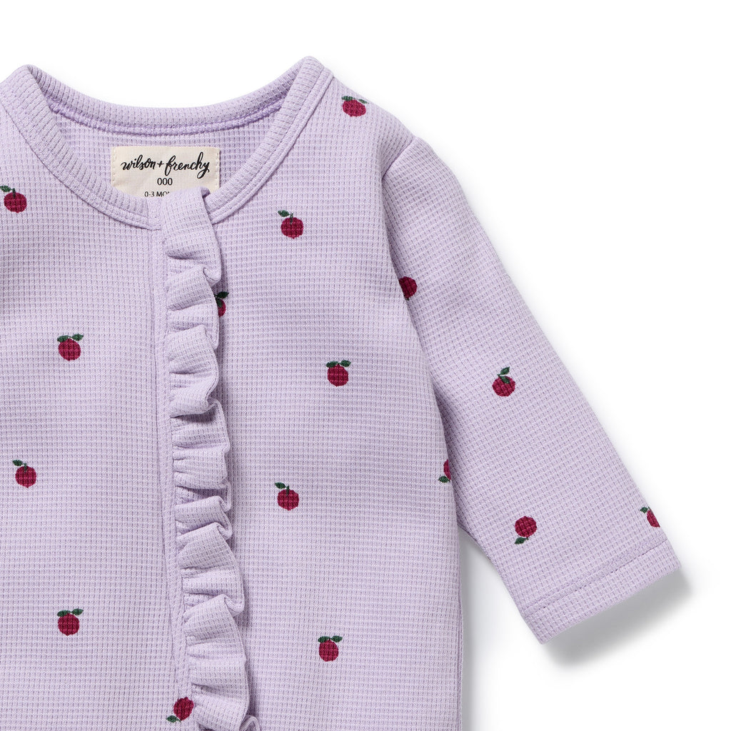 WILSON & FRENCHY Organic Waffle Ruffle Zipsuit - Berry Plums front detail