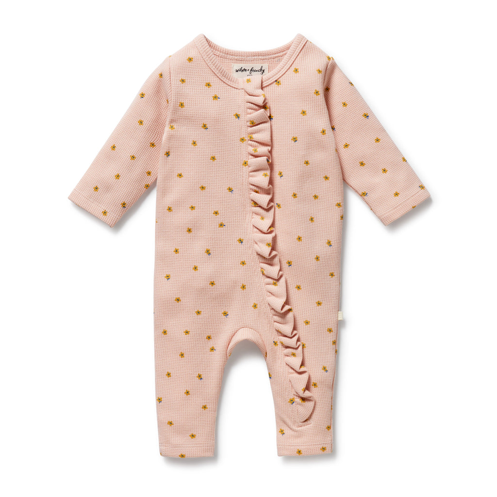 ROOM TO BLOOM Organic Waffle Ruffle Zipsuit - Little Fleur front