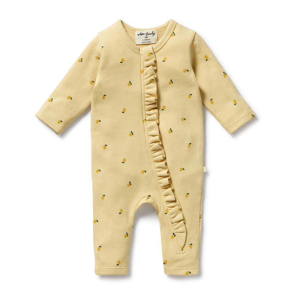 WILSON & FRENCHY Organic Waffle Ruffle Zipsuit - Little Lemon front