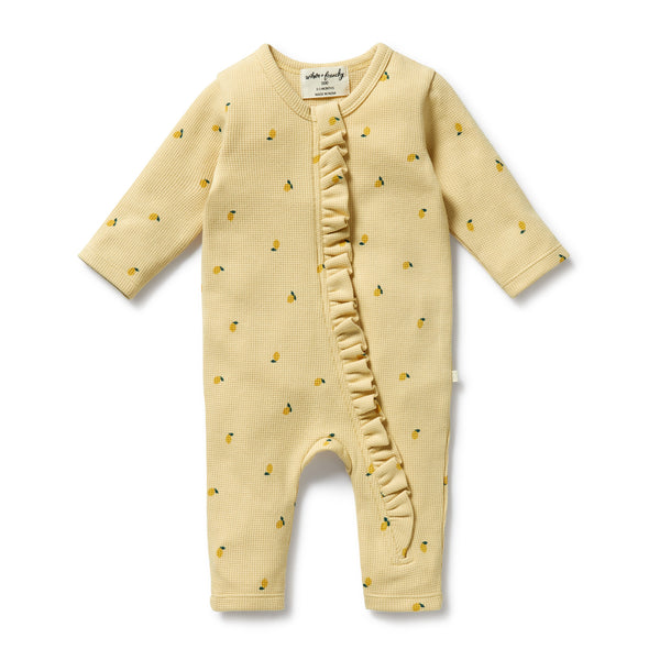 WILSON & FRENCHY Organic Waffle Ruffle Zipsuit - Little Lemon front