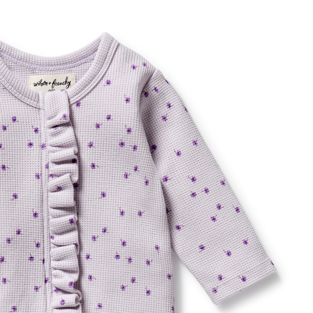 WILSON & FRENCHY Organic Waffle Ruffle Zipsuit - Lulu Daisy front detail