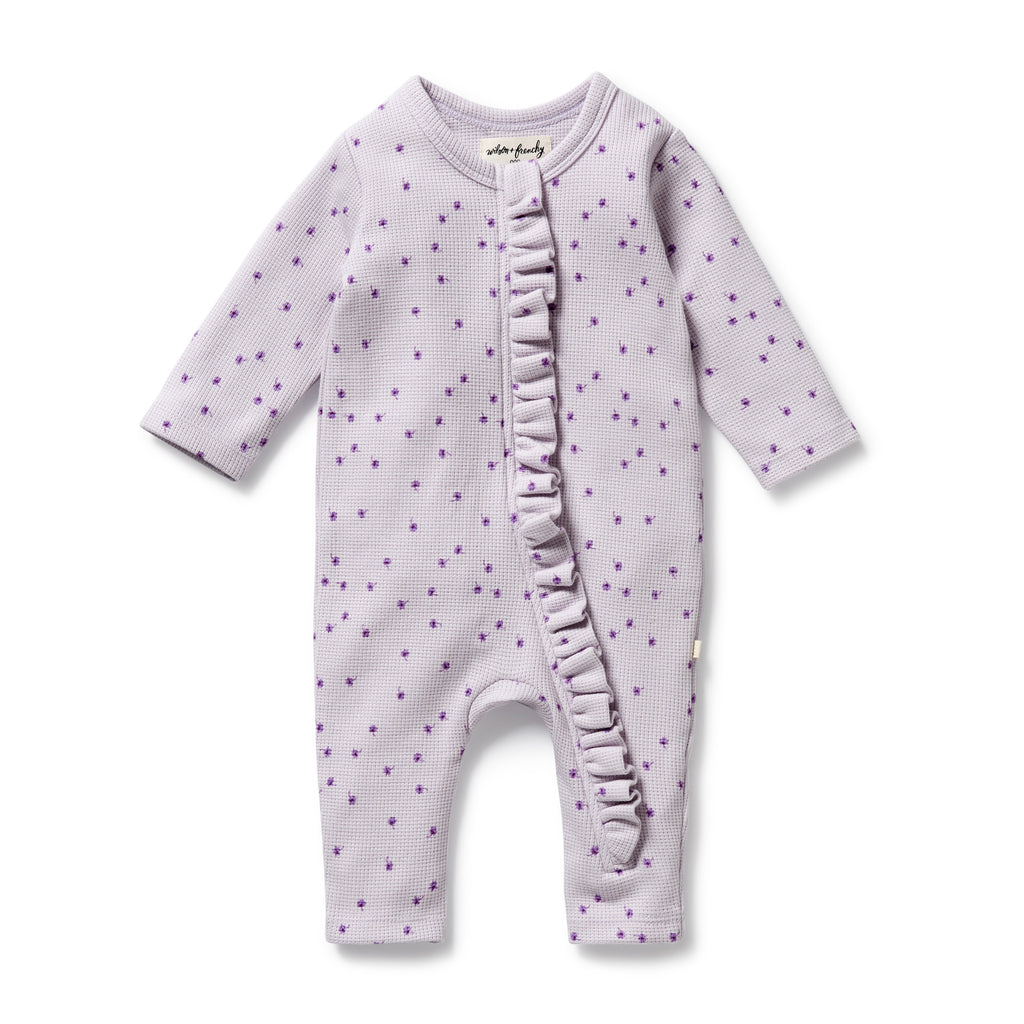 WILSON & FRENCHY Organic Waffle Ruffle Zipsuit - Lulu Daisy front