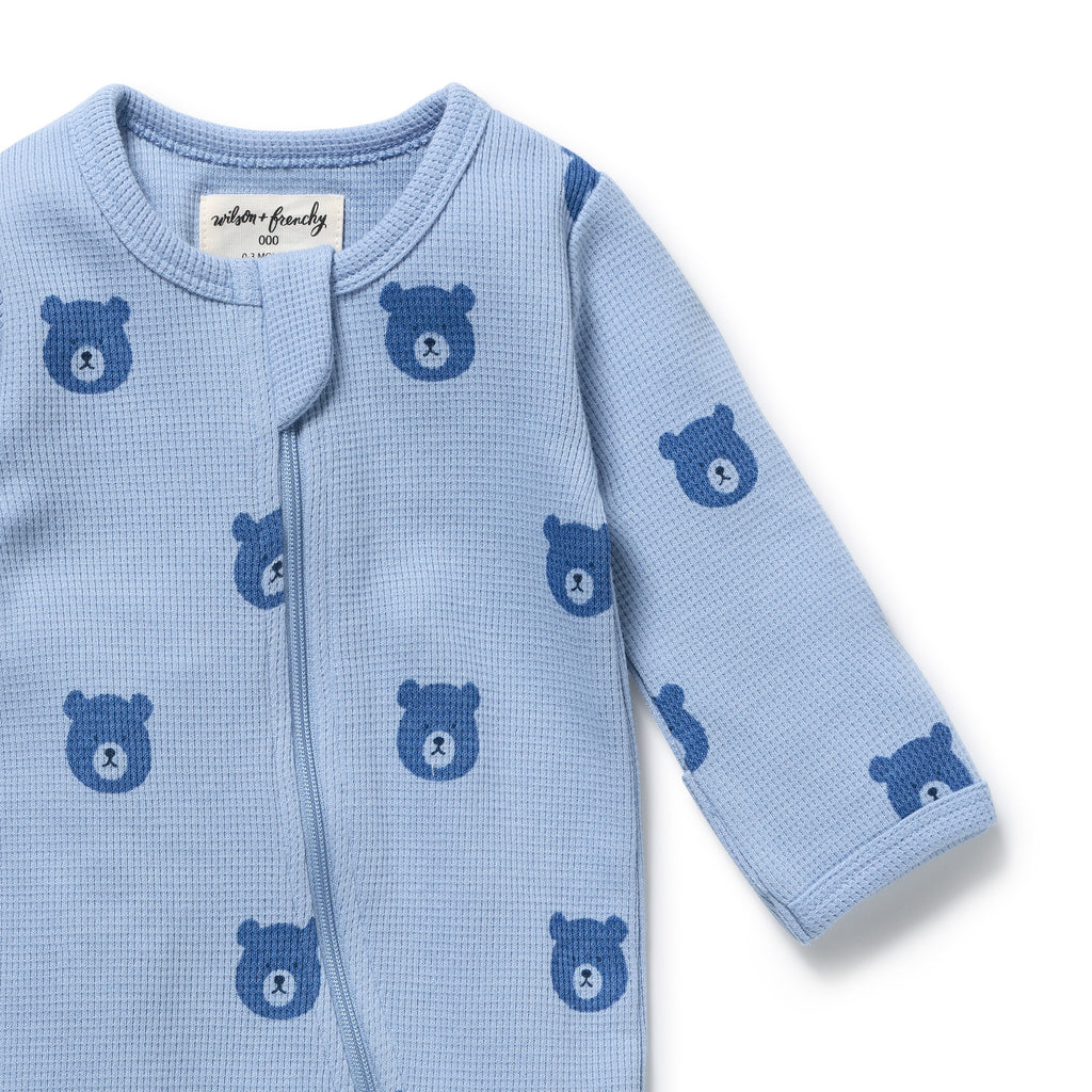 WILSON & FRENCHY Organic Waffle Zipsuit - Bear Hugs front detail