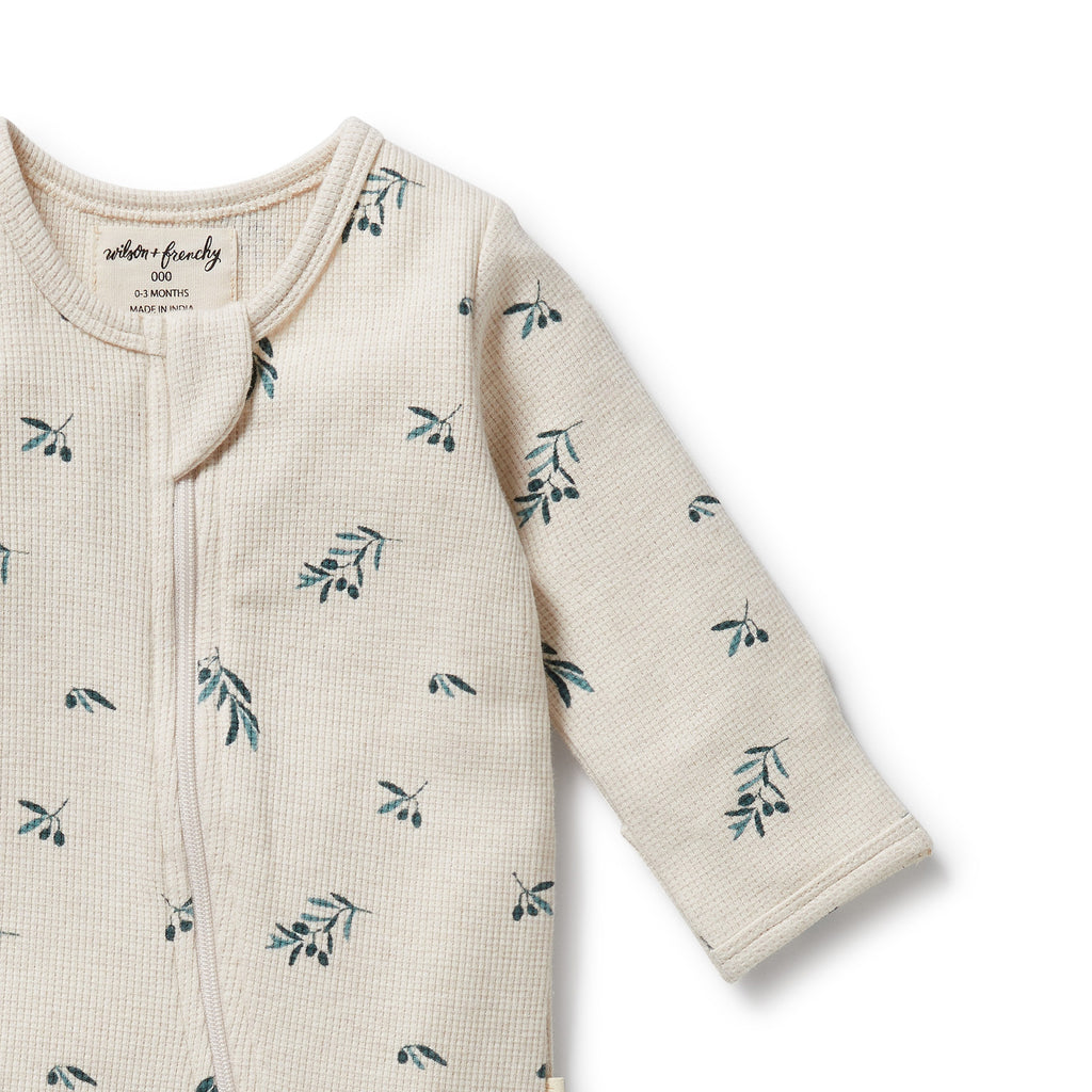 WILSON & FRENCHY Organic Waffle Zipsuit - Little Olive front detail