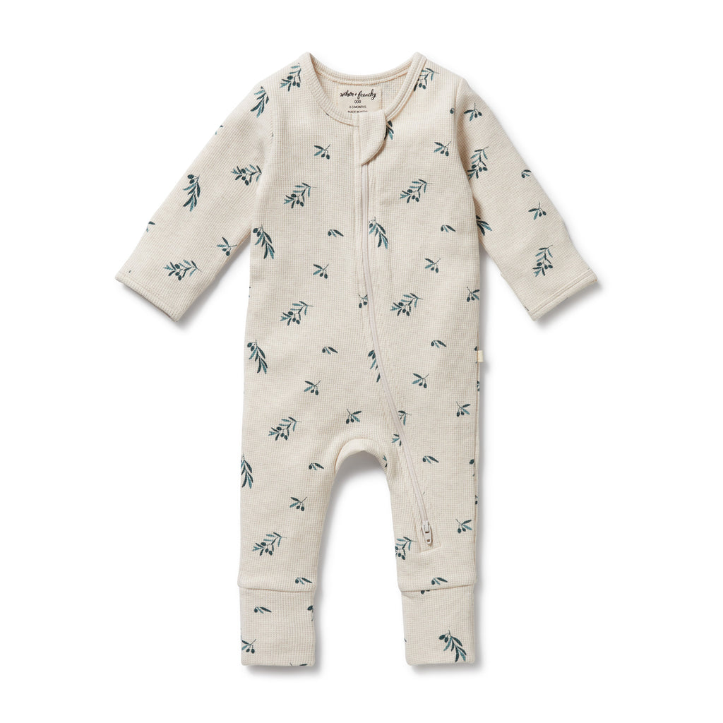 WILSON & FRENCHY Organic Waffle Zipsuit - Little Olive front