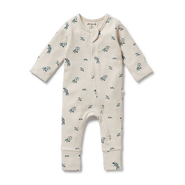 WILSON & FRENCHY Organic Waffle Zipsuit - Little Olive front