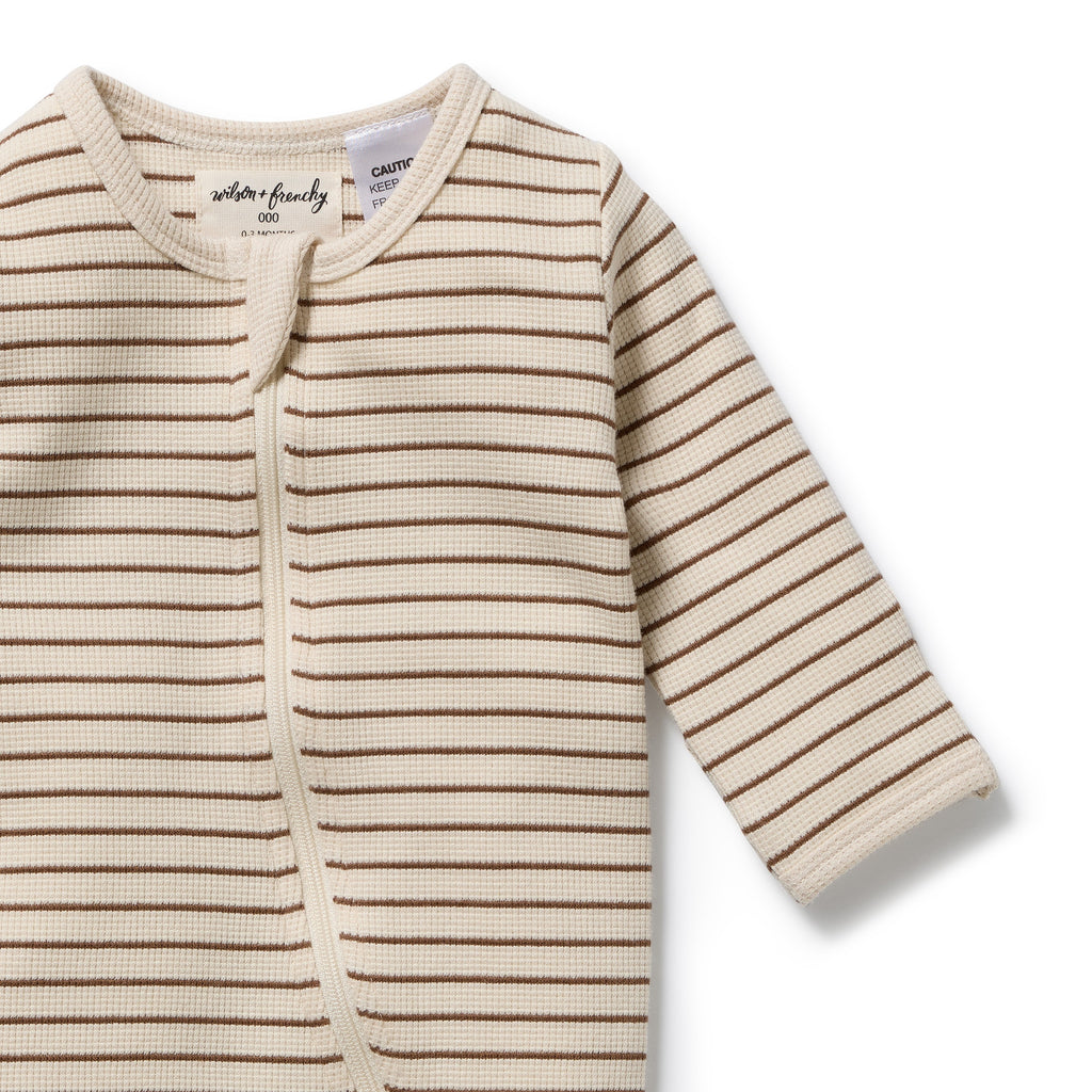 WILSON & FRENCHY Organic Waffle Zipsuit - Nutmeg Stripe front detail