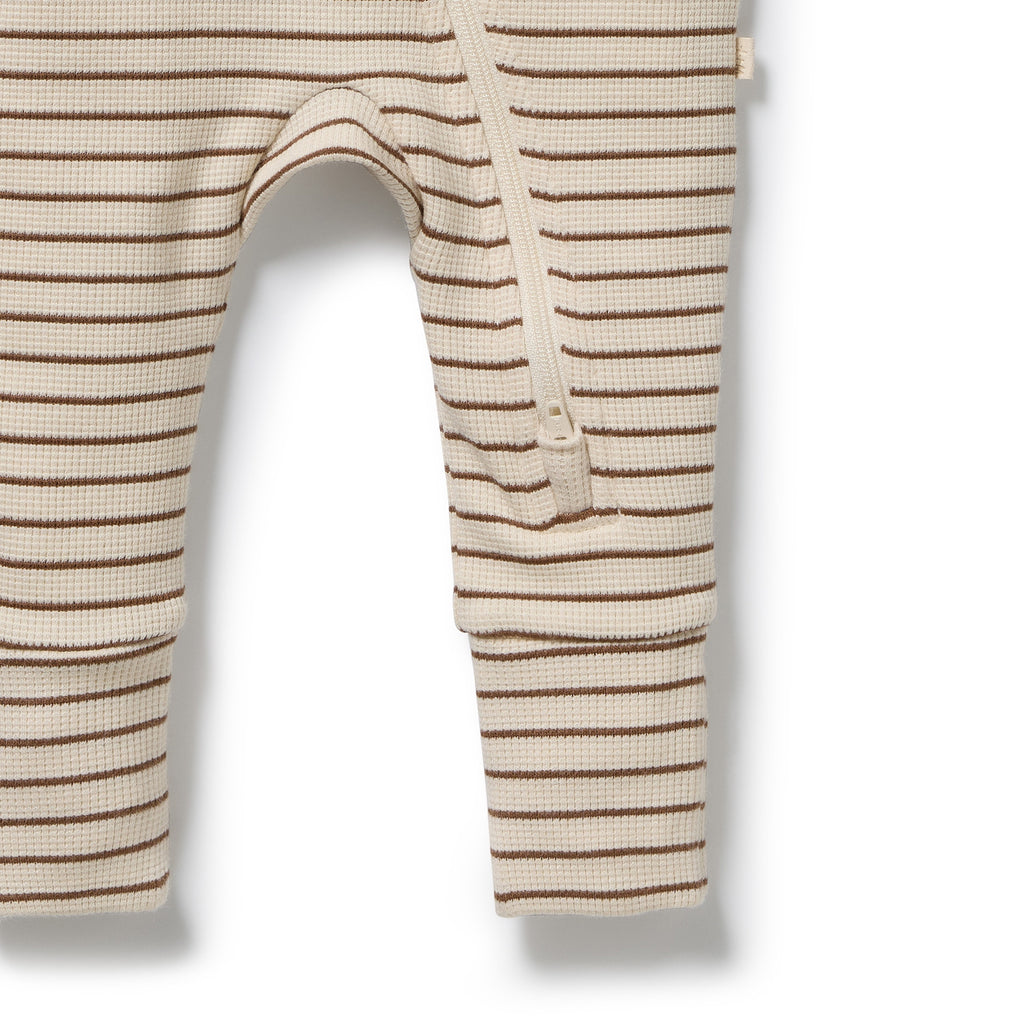 WILSON & FRENCHY Organic Waffle Zipsuit - Nutmeg Stripe leg detail