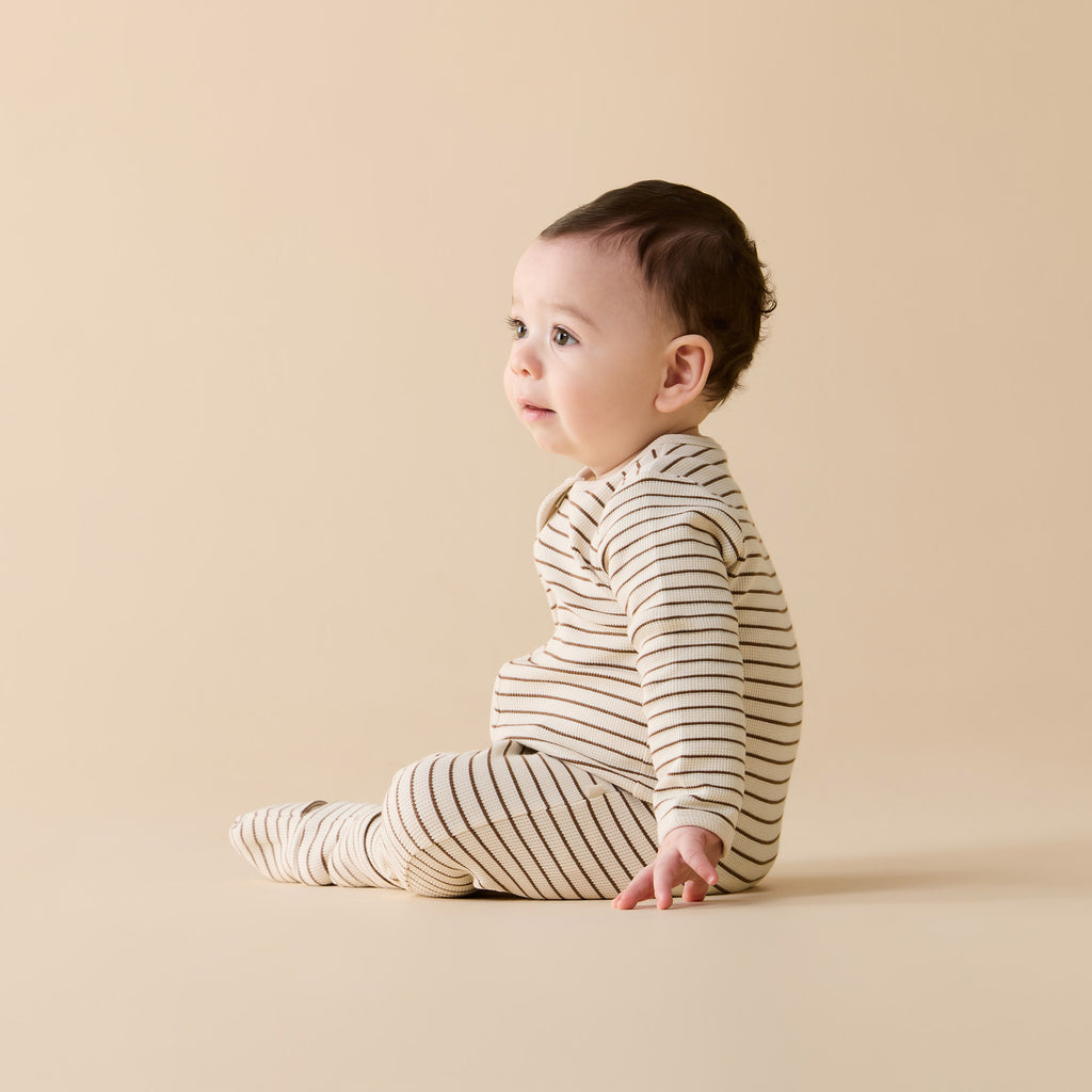WILSON & FRENCHY Organic Waffle Zipsuit - Nutmeg Stripe lifestyle