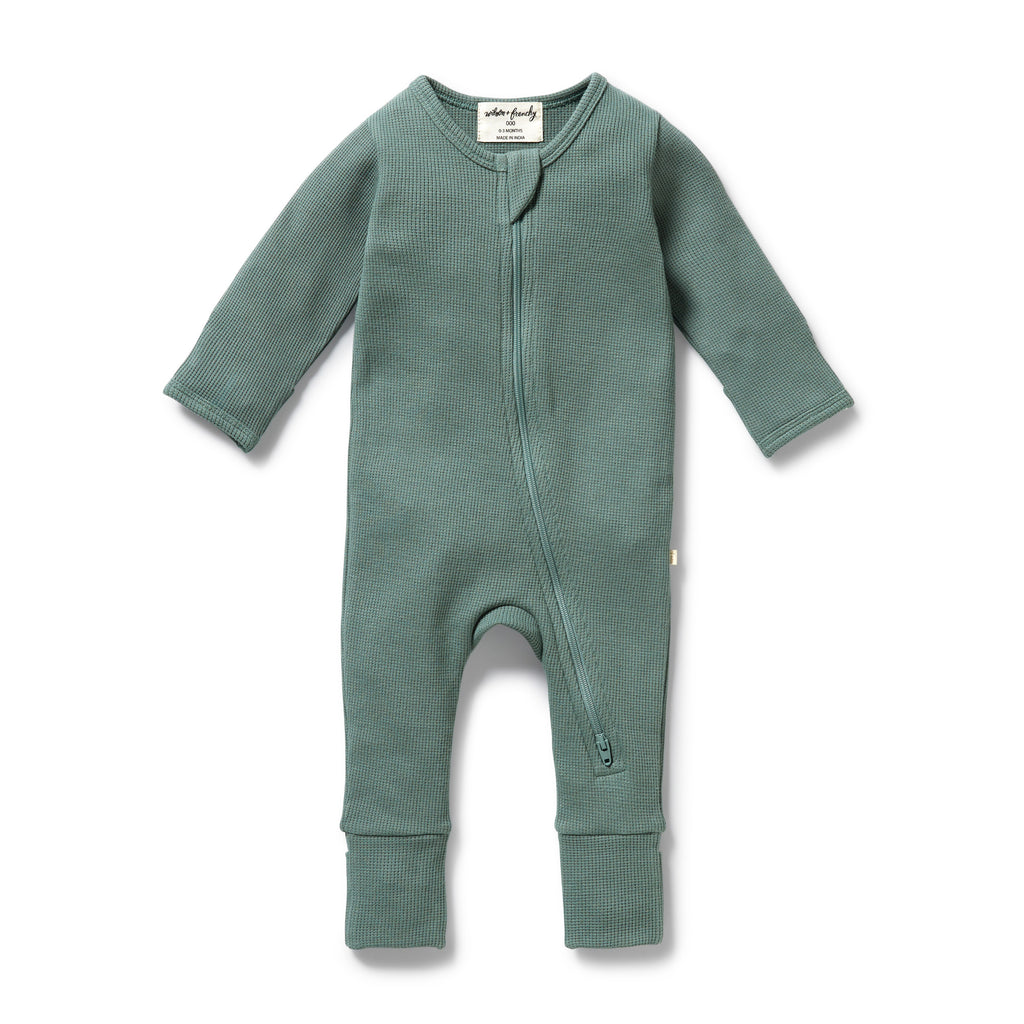 WILSON & FRENCHY Organic Waffle Zipsuit - Pine Green front