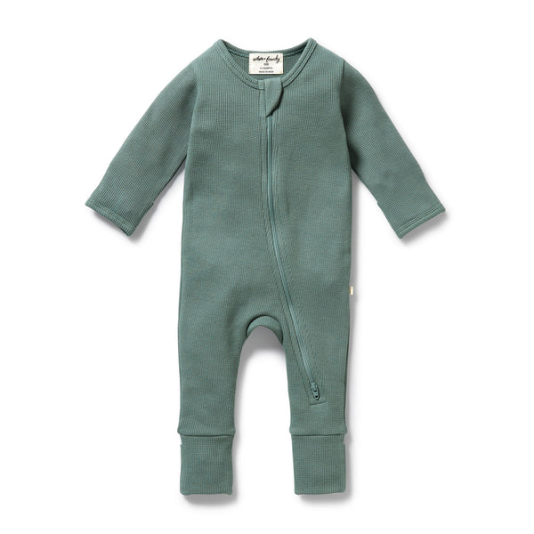 WILSON & FRENCHY Organic Waffle Zipsuit - Pine Green front