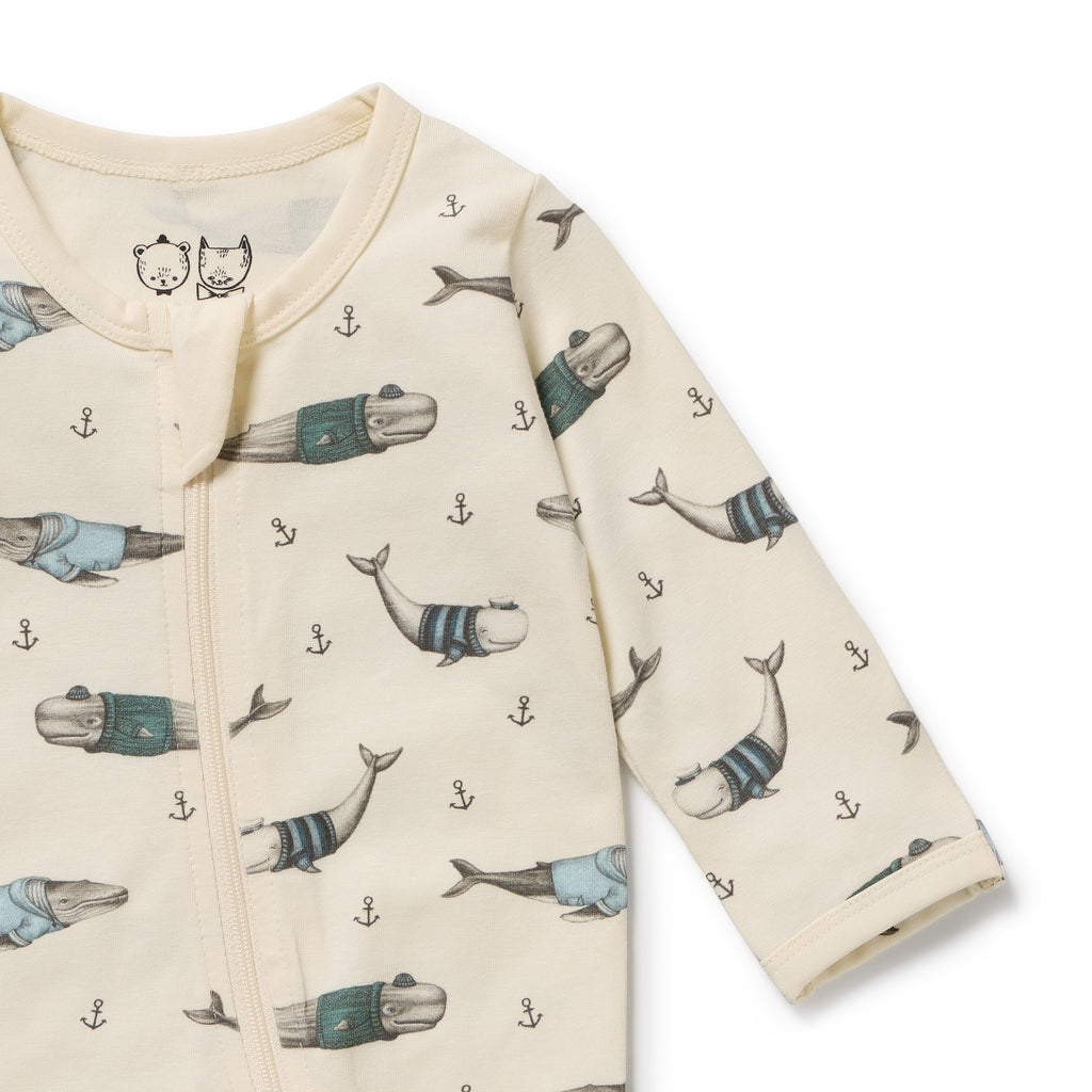 WILSON & FRENCHY Organic Zipsuit - Woolly Whales front detail