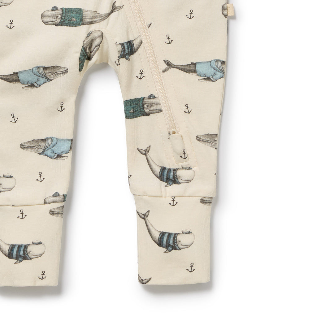 WILSON & FRENCHY Organic Zipsuit - Woolly Whales leg detail
