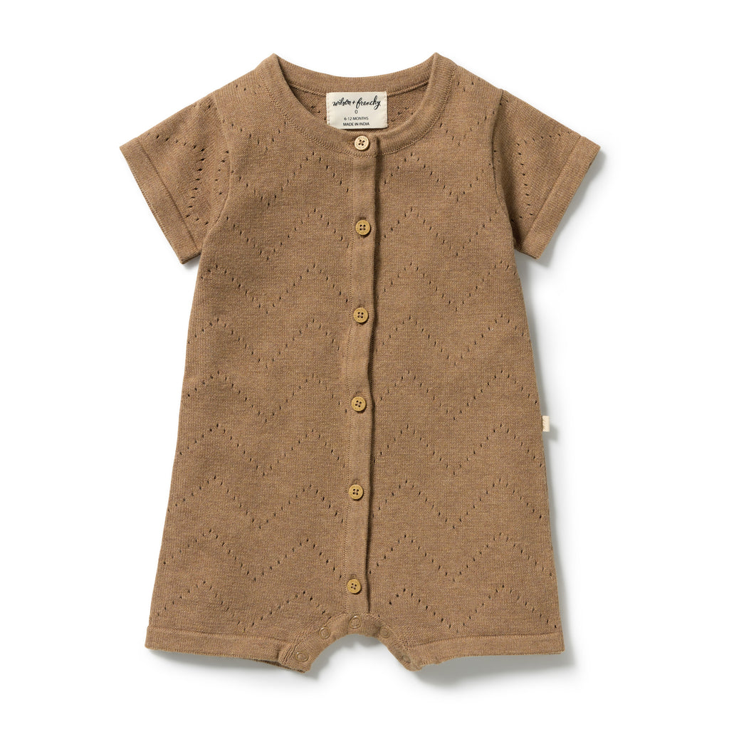 ROOM TO BLOOM Organic Knitted Pointelle Growsuit - Ginger Snap front
