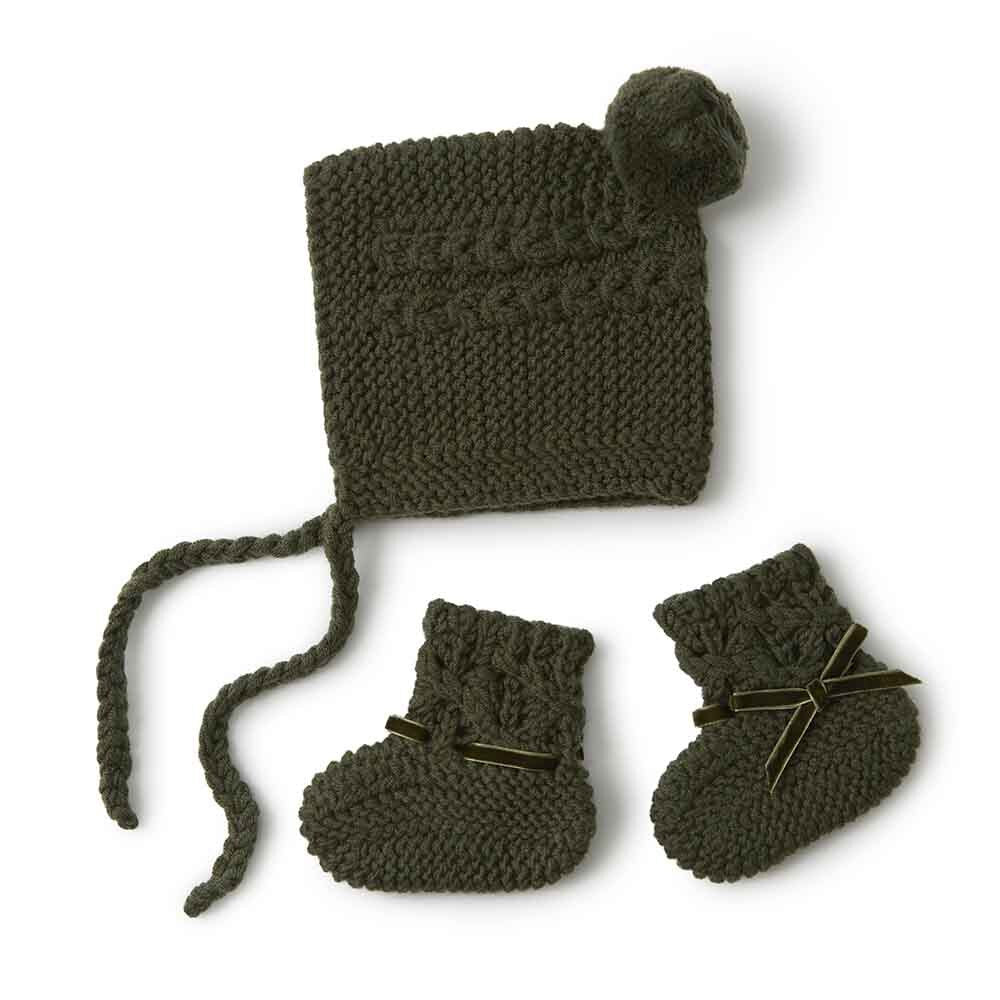 SNUGGLE HUNNY Merino Wool Bonnet & Booties - Olive