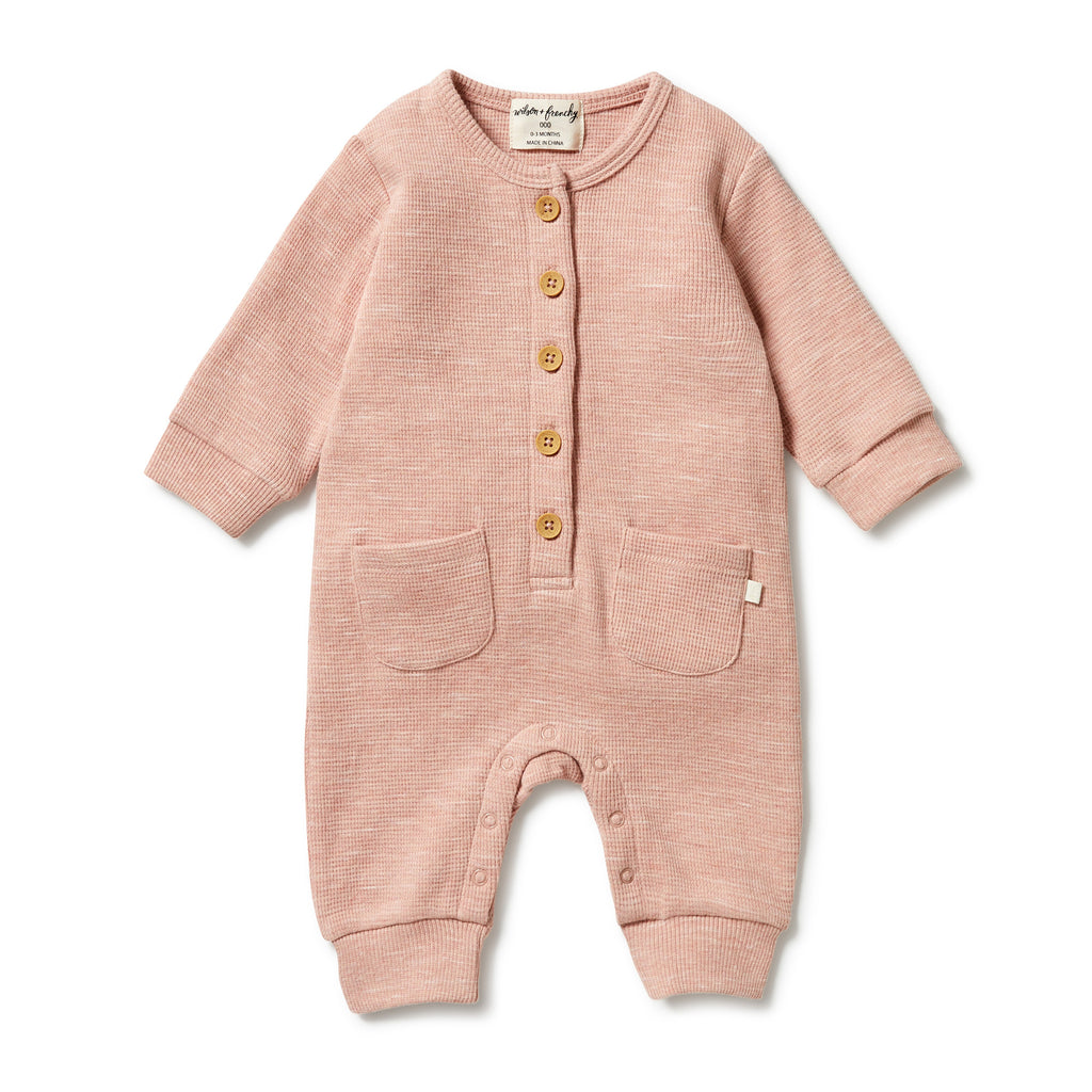 WILSON & FRENCHY Organic Waffle Pocket Growsuit - Peach front